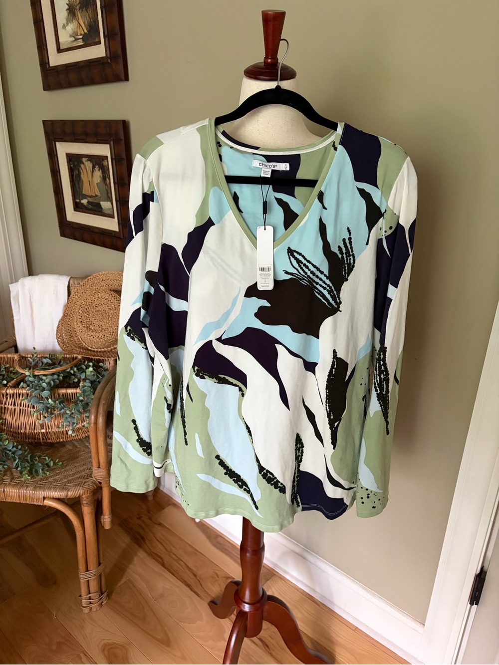 Chico's Abstract V-Neck Long Sleeve Top - Sage, Light Blue, Navy, White, Rayon